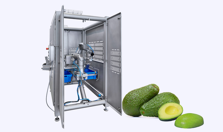 KRONEN Robot Avocado Line for up to 1,000 pcs/hour: robot-supported, automatic line for the pitting, halving and peeling of avocados and various types of fruit
