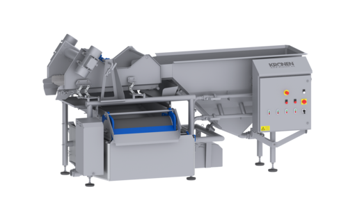 Le laveur HEWA 2600 de KRONEN pour un lavage efficace, en douceur et économique des produits coupés et entiers (salades, légumes, herbes aromatiques, fruits et autres) jusqu'à 600 kg/h.