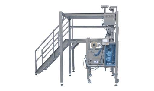 Plataforma de pesaje KWT 16 de KRONEN para los procesos de mezcla, pesaje y llenado semiautomáticos y ergonómicos de alimentos y productos en bolsas representativas