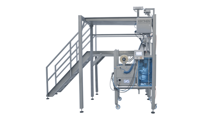 Plate-forme de pesée KWT 16 de KRONEN pour le mélange, le pesage et le remplissage semi-automatiques et ergonomiques d'aliments et de produits en vrac dans des sacs spécifiques