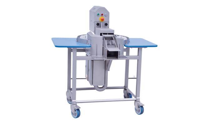 Scheibenschneidemaschine TONA-S von KRONEN zum Schneiden von Obst und Gemüse in exakte Scheiben mit einer Verarbeitungskapazität bis zu 1200 Produkte pro Stunde