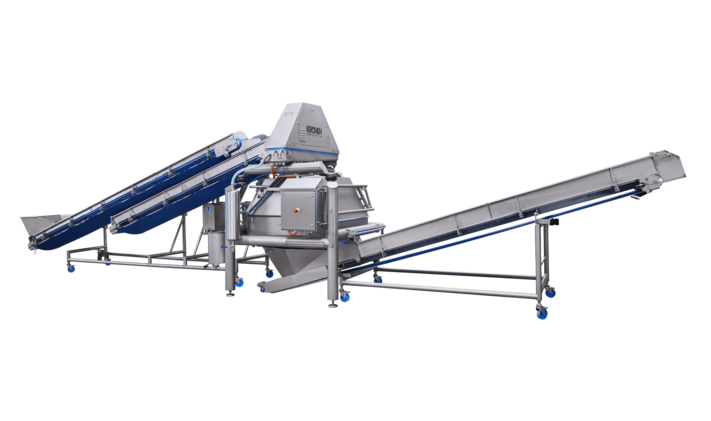 Installation de séchage K850 de KRONEN : essoreuse grande capacité jusqu’à 5 t/h notamment pour les salades (mélanges de salades, mâche, iceberg, roquette, etc.), les herbes aromatiques, les épinards, les légumes coupés (par exemple carottes et choux) et les fruits ainsi que les champignons.
