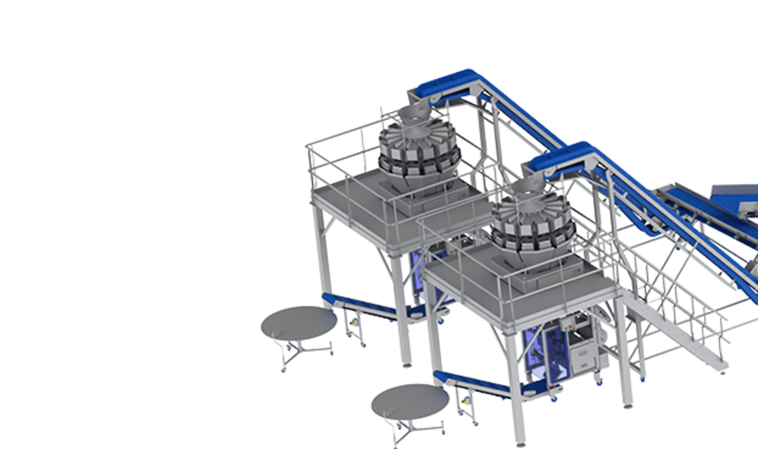 Chaîne de transformation et d’emballage KRONEN pour les salades et les légumes jusqu’à 2,5 t/h : installation complète automatique pour étrogner, couper, laver, sécher, peser et emballer les salades et les légumes