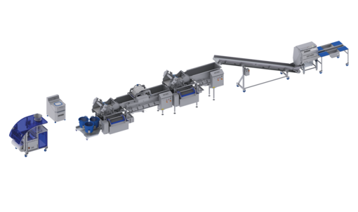 Línea procesadora y de envasado de KRONEN para hasta 1000 kg/h de lechugas y hortalizas: instalación semiautomática completa para cortar, lavar, secar, pesar y envasar lechugas y hortalizas