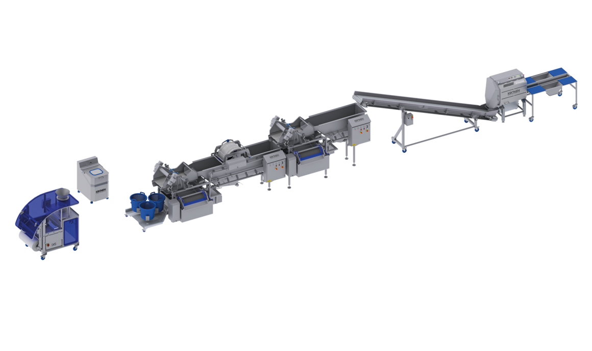 Línea procesadora y de envasado de KRONEN para hasta 1000 kg/h de lechugas y hortalizas: instalación semiautomática completa para cortar, lavar, secar, pesar y envasar lechugas y hortalizas