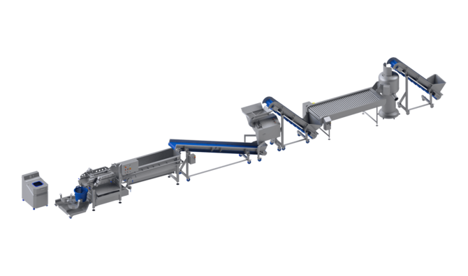 Línea procesadora de patatas, zanahorias, remolachas y apios de KRONEN para hasta 600 kg/h: instalación inicial semiautomática para el procesamiento de patatas