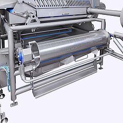 Seitlicher Feinteileaustrag der GEWA XL Waschmaschine schützt die Pumpen und ermöglicht ein kontinuierliches Arbeiten, auch bei Produkten, die schäumen und viele Kleinteile enthalten