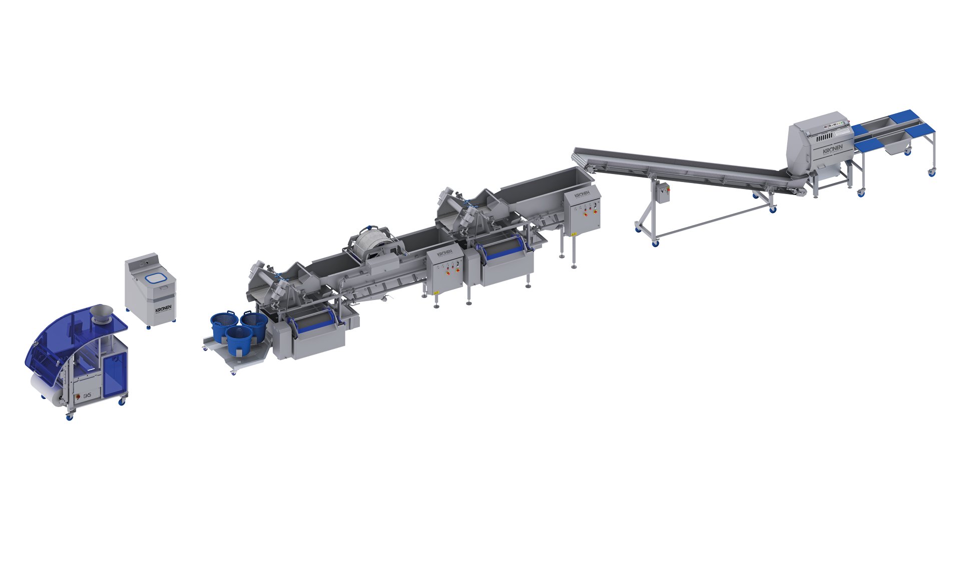 KRONEN processing and packaging line for salad and vegetables up to 1,000 kg/h: semi-automatic complete line for the cutting, washing, drying, weighing and packing of salad and vegetables