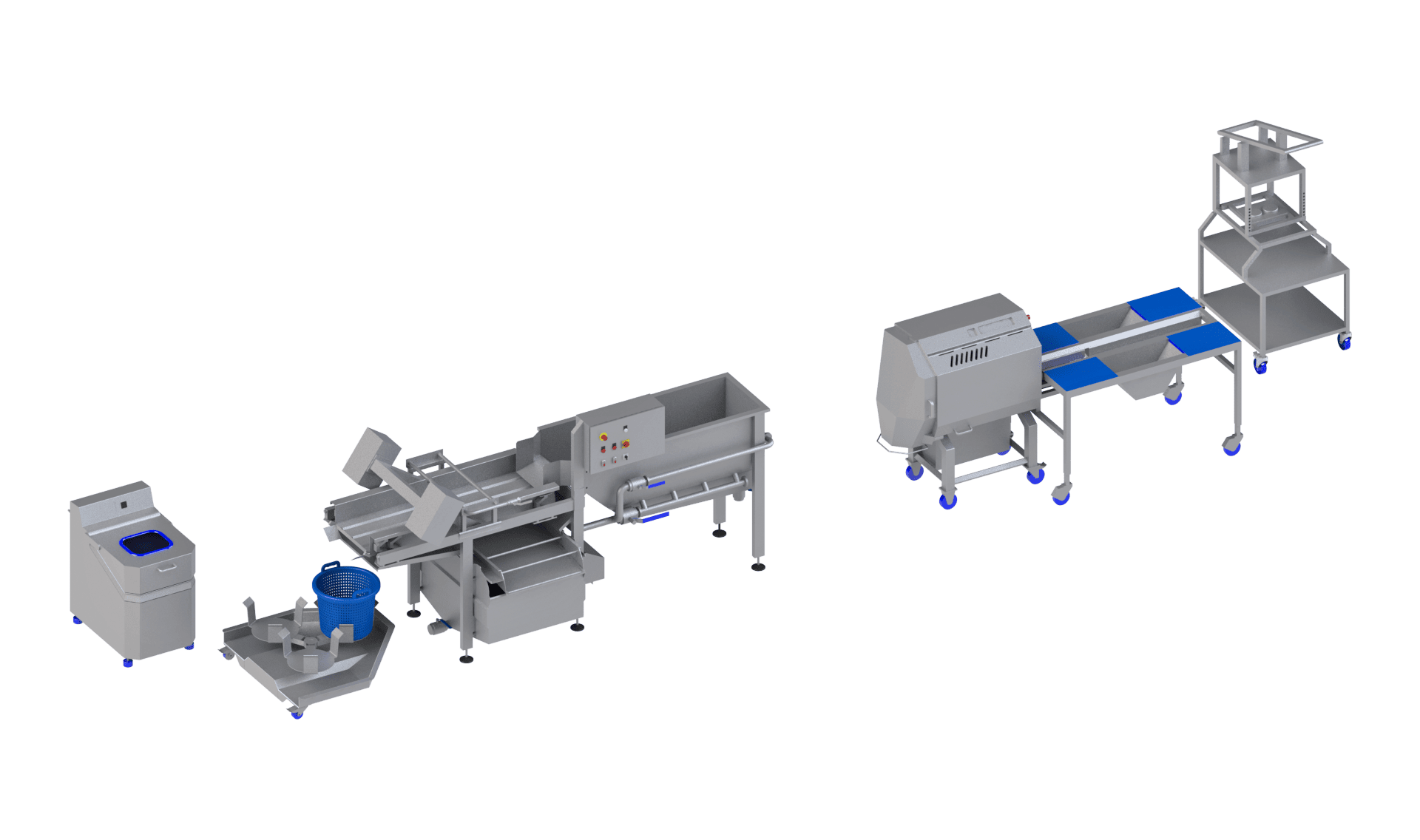 Línea procesadora de lechugas, vegetales y frutas de KRONEN para hasta 400 kg/h: instalación semiautomática para preparar, cortar, lavar y secar lechuga, vegetales, frutas y productos veganos