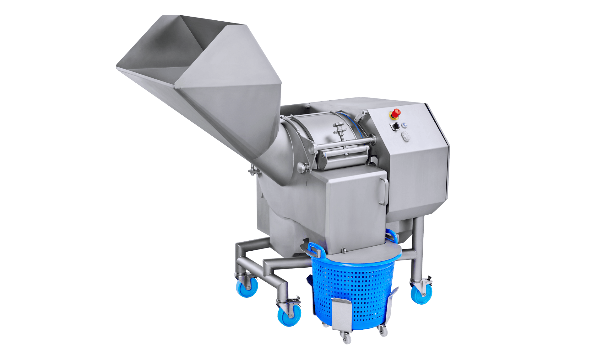 Cutting machine for dices, sticks, and slices KUJ HC-220 for cutting large quantities of vegetables, fruit, and meat – large capacity, precise cuts, even with the tiniest of dices, strips, and slices, even with delicate products