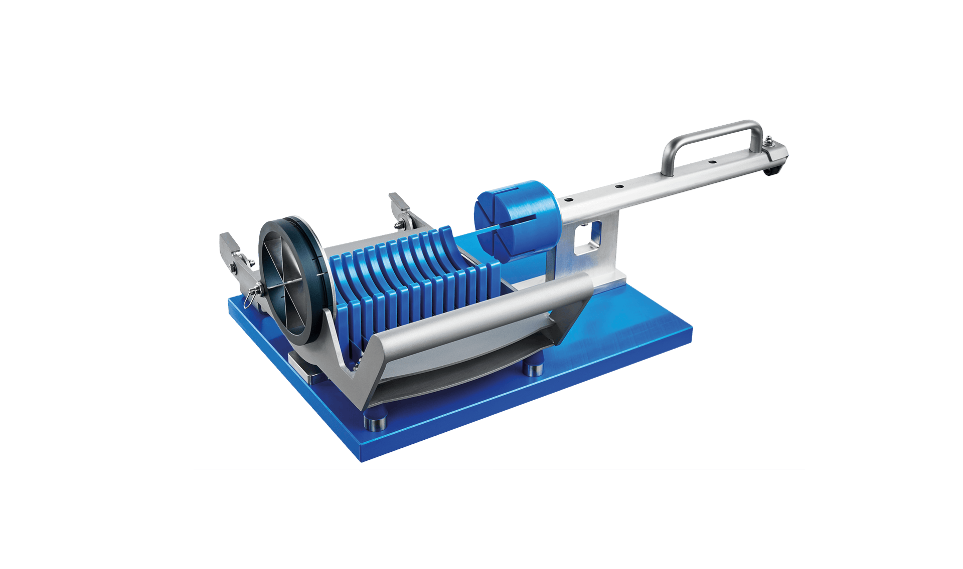 Cortadora manual de trozos de piña MPC 100 de KRONEN para cortar cilindros de piña perforados y descorazonados rápidamente en trozos uniformes.