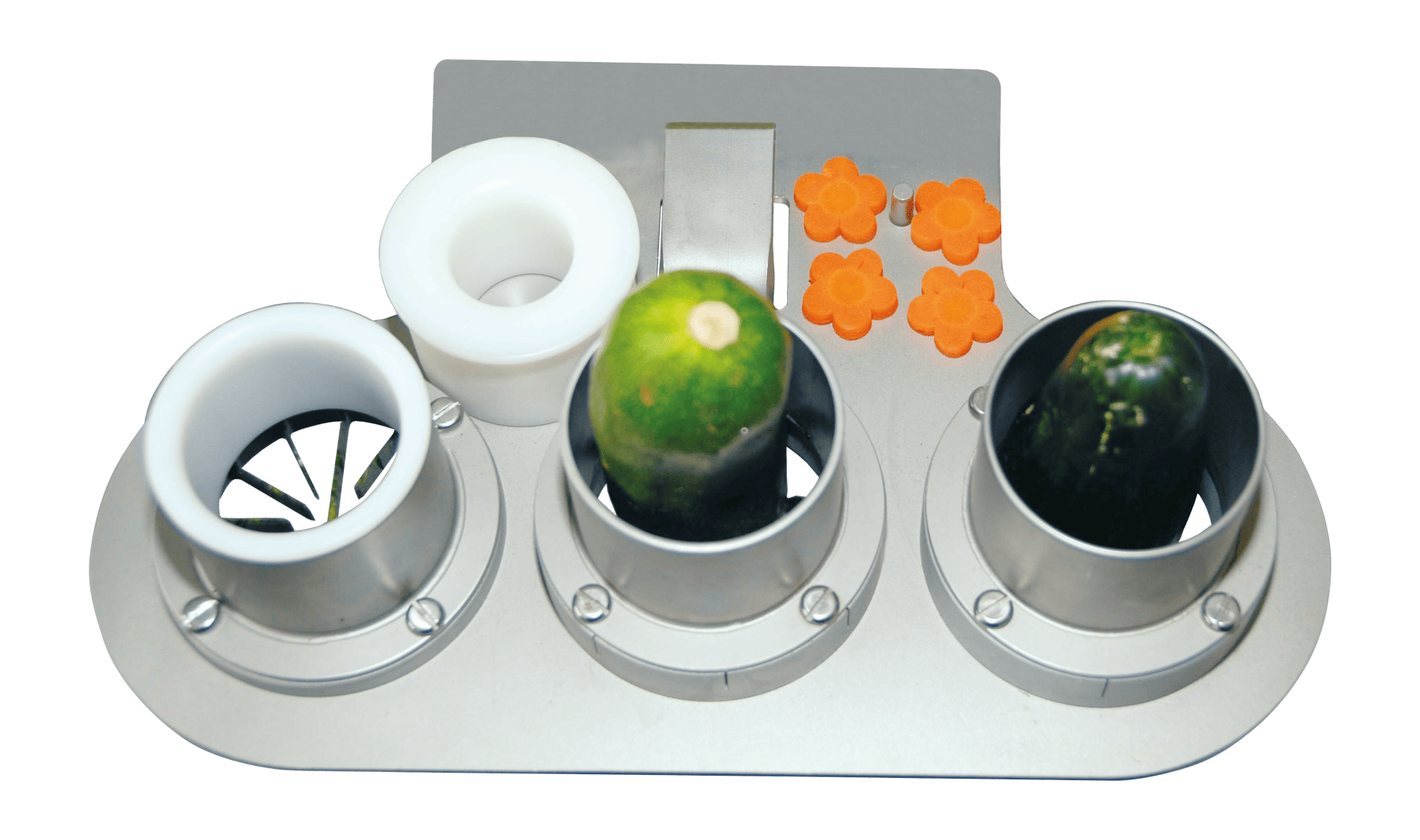 Manual cutting insert from MST from KRONEN for tabletop attachment, ideal for cutting long vegetable products into segments