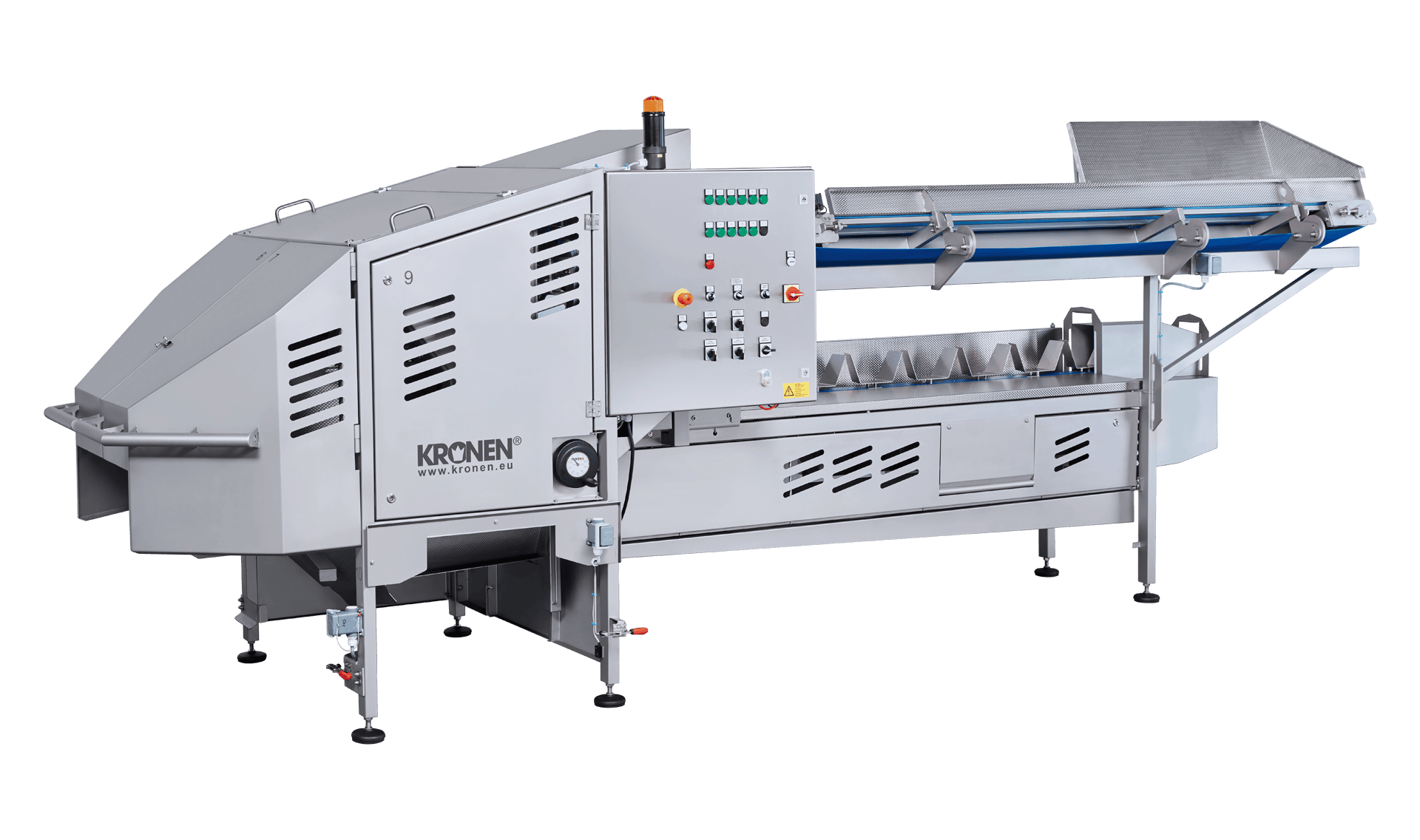 Top and tail machine TT 450 from KRONEN for ideal use in automatic salad preparation – high yield thanks to intelligent cutting technology with a processing capacity of up to 3600 kg per hour.