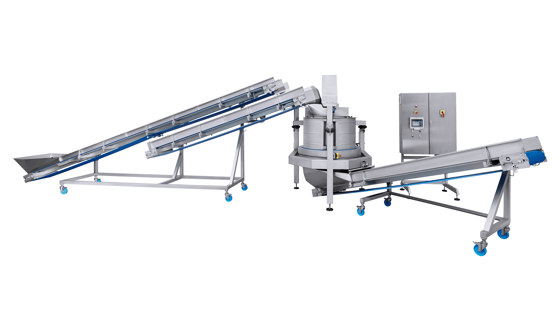 Sistema de secado K650 de KRONEN: gran instalación de centrifugado para lechugas (mezclas de ensalada, canónigos, lechuga iceberg, rúcula, etc.), hierbas, espinaca, vegetales cortados (por ejemplo, zanahoria y col), frutas y setas