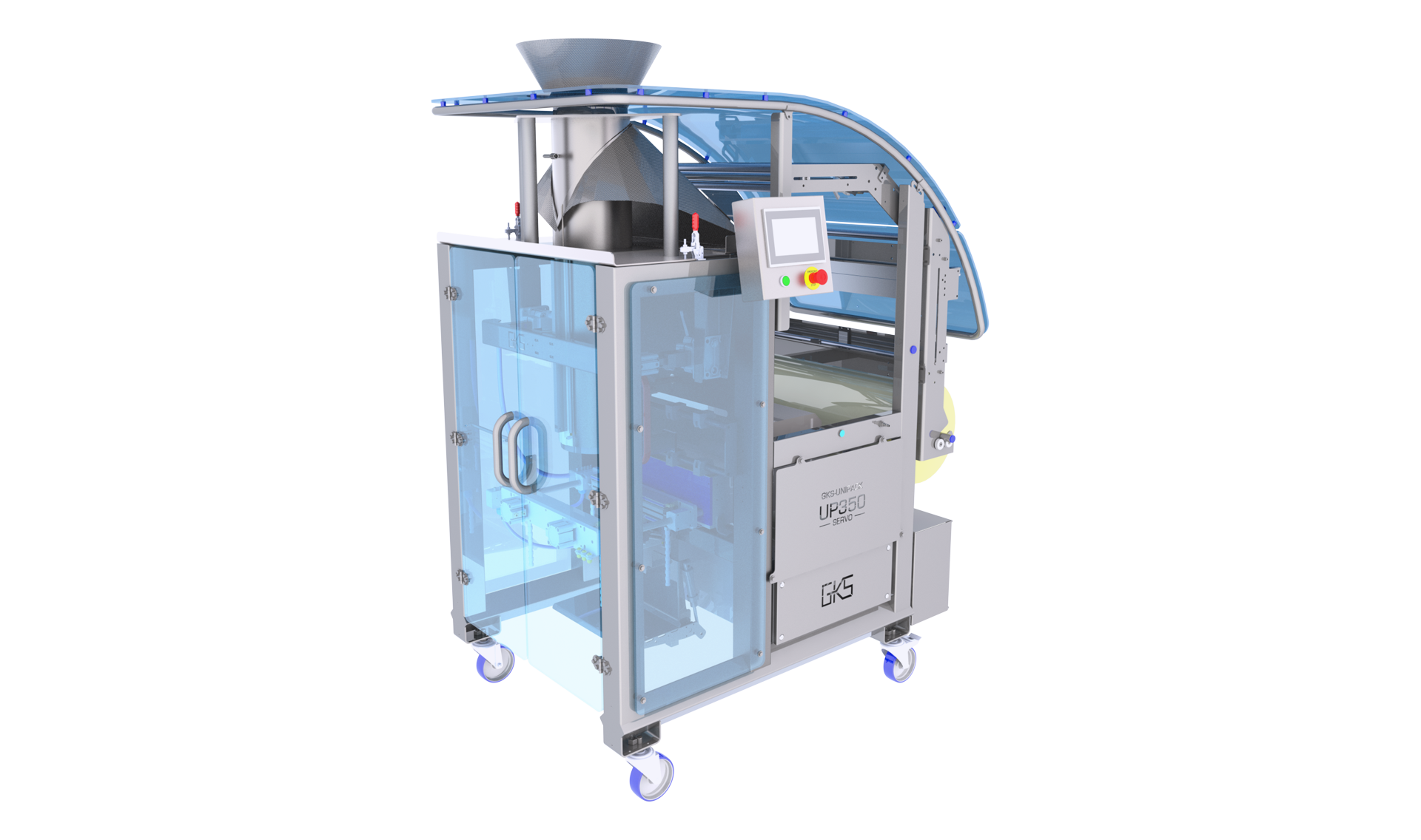 FLEX L packaging machine for the continuous packing of salad, vegetables, fruit and other products in pillow bags (further bag shapes available as options).