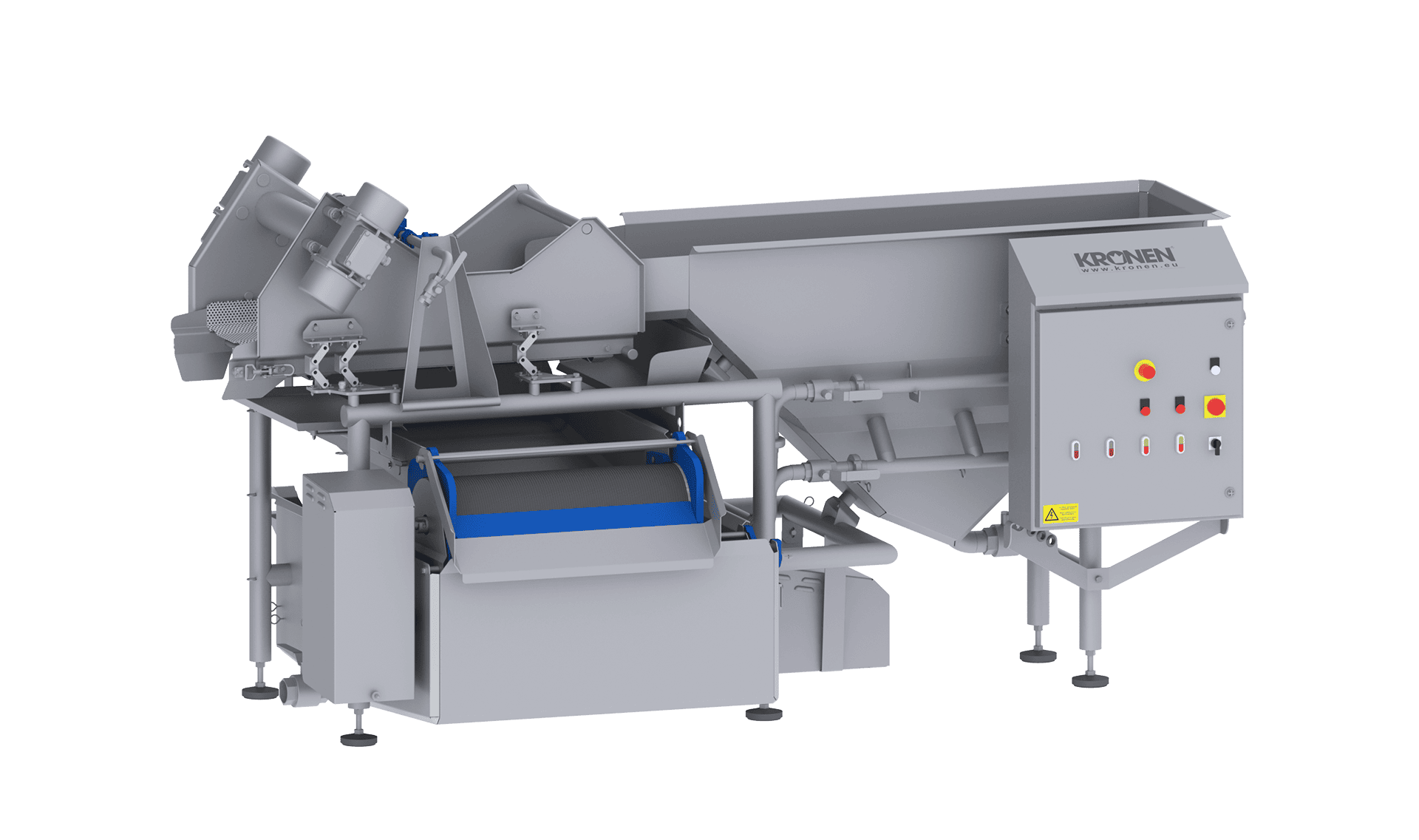 The washing machine HEWA 2600 from KRONEN for the effective, gentle and economic washing of cut and whole products (salad, vegetables, herbs, fruit etc.) up to 600 kg/h.