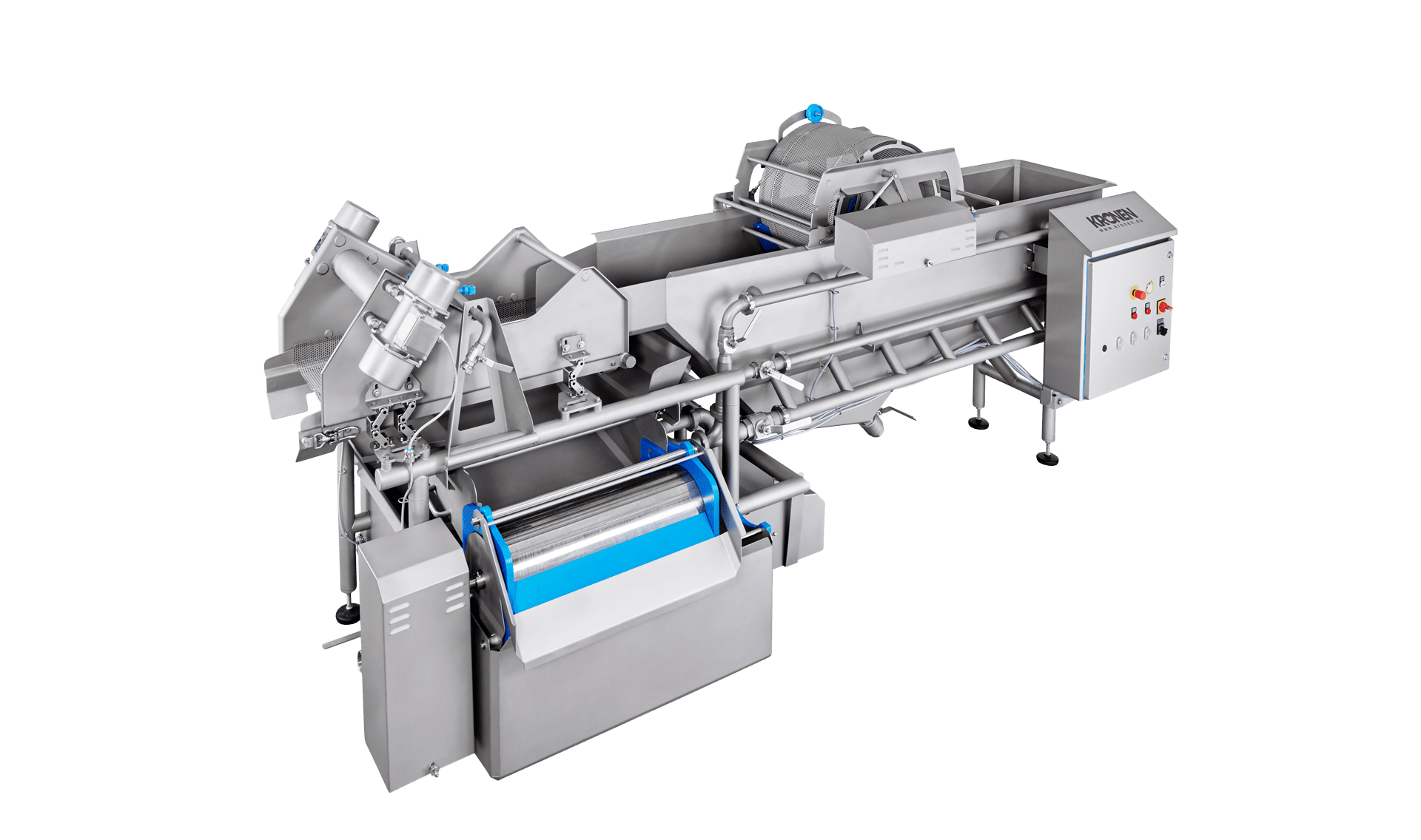 The washing machine HEWA 3800 from KRONEN for the effective, gentle and economic washing of cut and whole products (salad, vegetables, herbs, fruit etc.) up to 2.5 t/h.